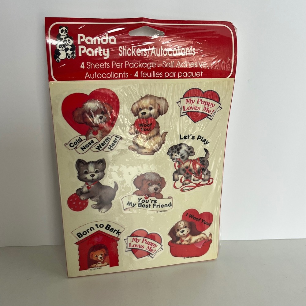 Vintage 1994 Panda Party Puppy Dog Stickers Carlton Cards 2 Sheets 35930-03